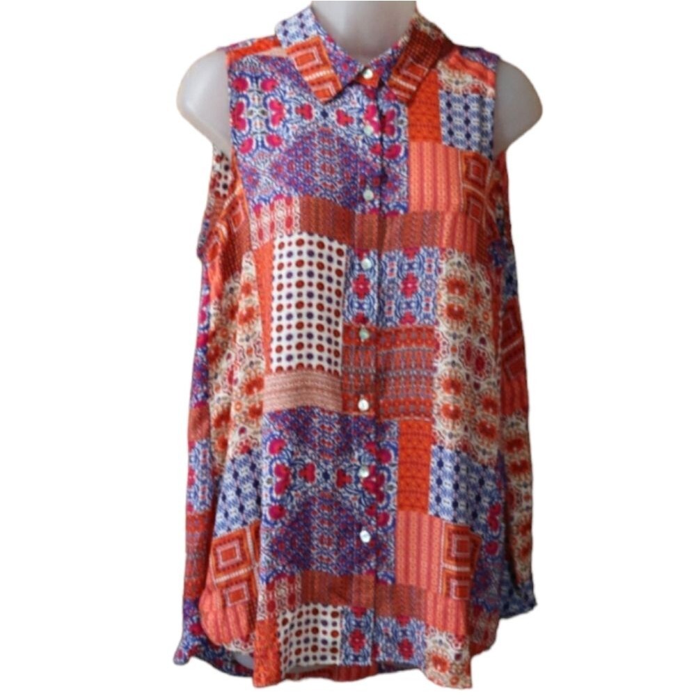 Old Navy Colorful Patchwork Sleeveless Button Front Summer Top Medium